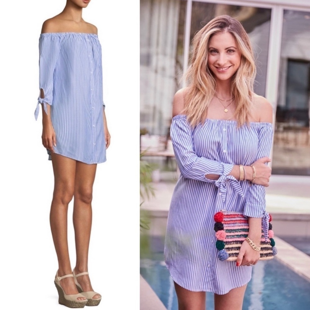 Cupcakes and Cashmere Womens Blue Ciara Stripe Off The Shoulder Dress - Size M